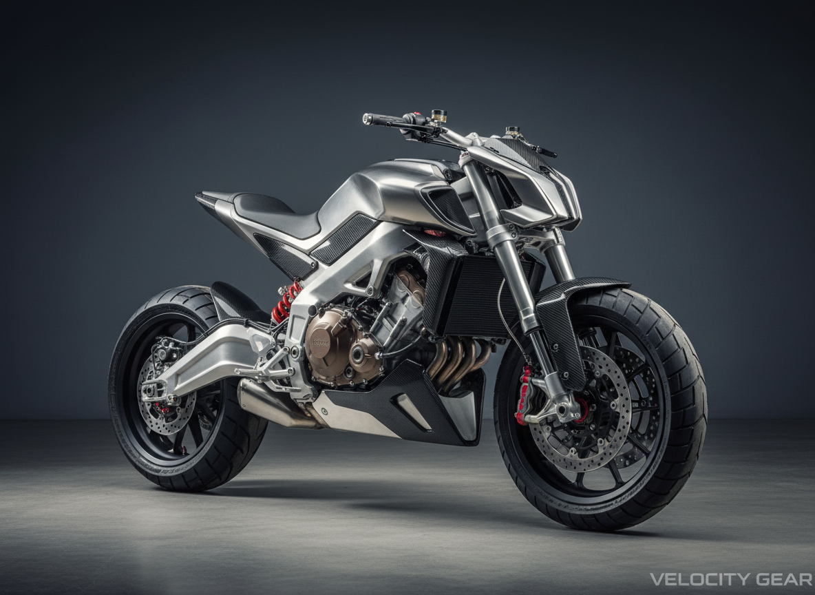 A gleaming metallic all-terrain motorcycle with thick treaded tires, high-performance disc brakes, and carbon fiber accents, standing at a slight angle on a minimalist matte concrete floor. The background is pure slate grey, uncluttered to emphasize the grandeur of the bike. Sharp, directional studio lighting from the right side creates bold highlights along the curves of the body and deep, crisp shadows underneath, accentuating the machine's dynamic form. The shot is taken at eye-level with a slight three-quarter turn, ensuring the depth and engineering details pop. The overall mood is bold, energetic, and powerful—a photographic realism style that perfectly aligns with a high-end motorsports parts and equipment storefront.