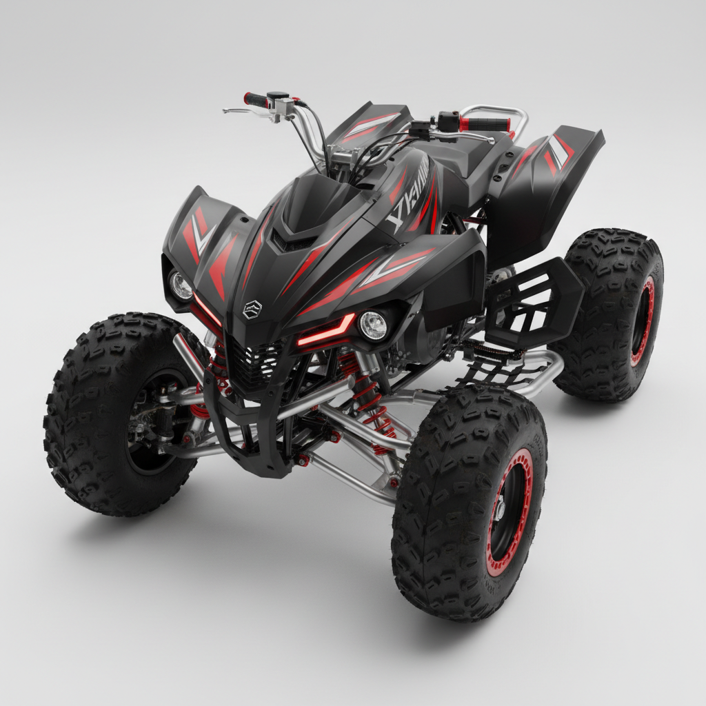 An ultra-modern quad ATV with aggressive mud tires, a matte black body featuring sharp red and silver detailing, and an exposed suspension system, set against a seamless matte white backdrop. Precise, focused overhead lighting casts crisp shadows beneath the body and reveals every contour and mechanical element. The composition is slightly elevated and centered, focusing tightly on the front angle to capture both intimidation and craftsmanship. The atmosphere is intense and sleek, with a minimalist photographic aesthetic that reinforces the site’s bold personality and the rugged character of off-road racing.